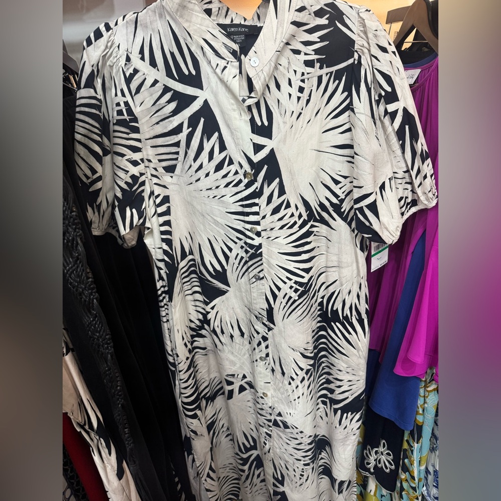 Karen Kane Black and Cream Leaf Print Blouse